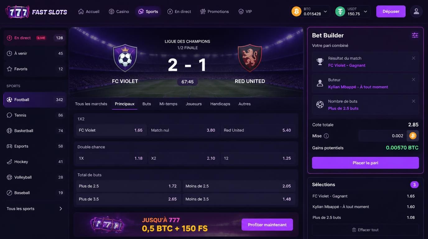 Interface Bet Builder combinant plusieurs sélections avec symboles crypto visibles