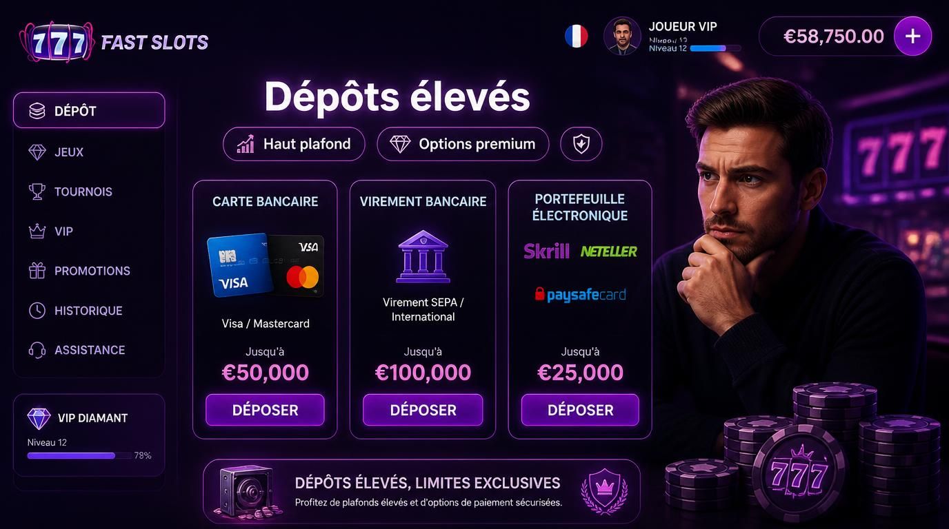 Interface de casino avec options de dépôt haut de gamme pour joueur français