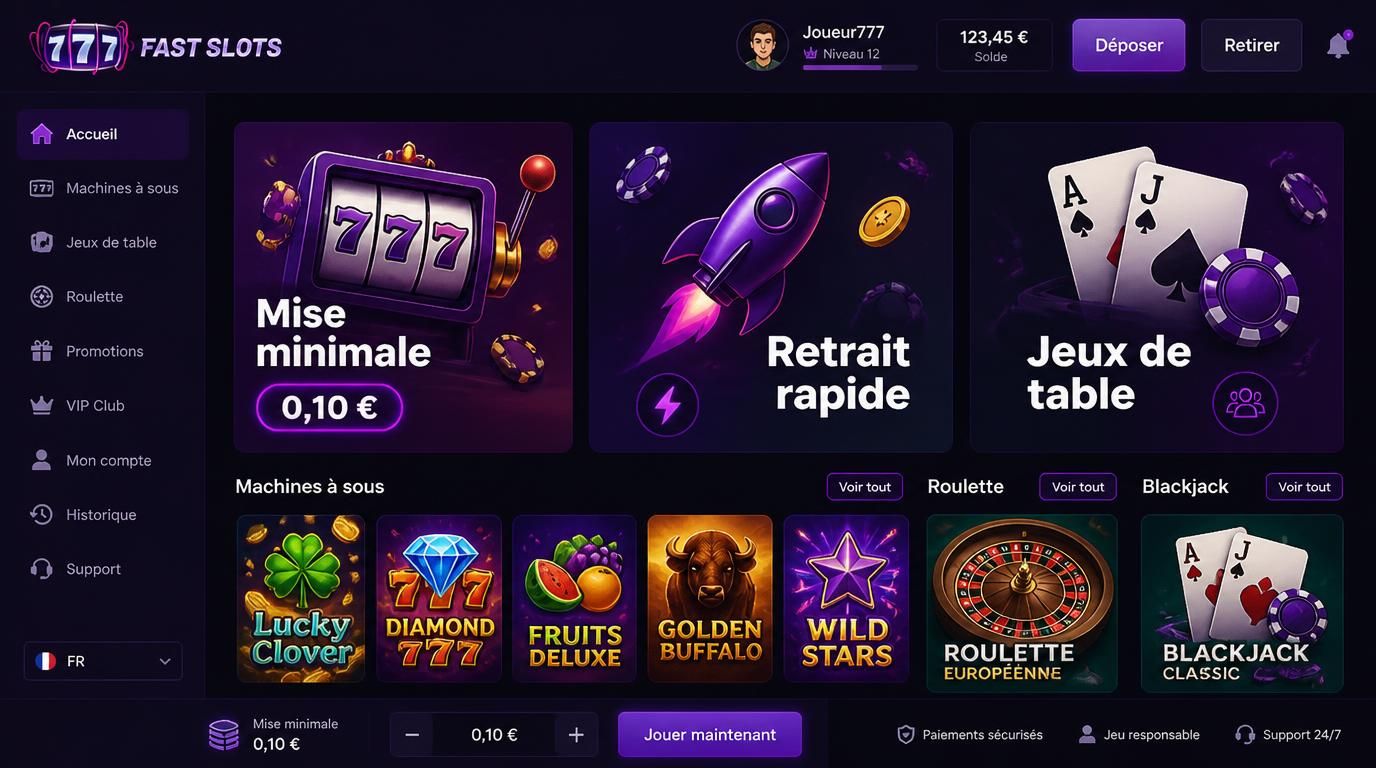 Interface mobile avec machines à sous, table de jeu, options de dépôt/retrait claires 